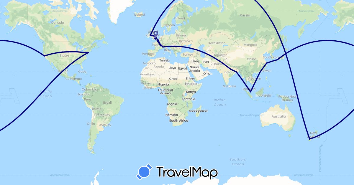 TravelMap itinerary: driving in China, France, United Kingdom, Ireland, India, Italy, Japan, New Zealand, Singapore, United States (Asia, Europe, North America, Oceania)